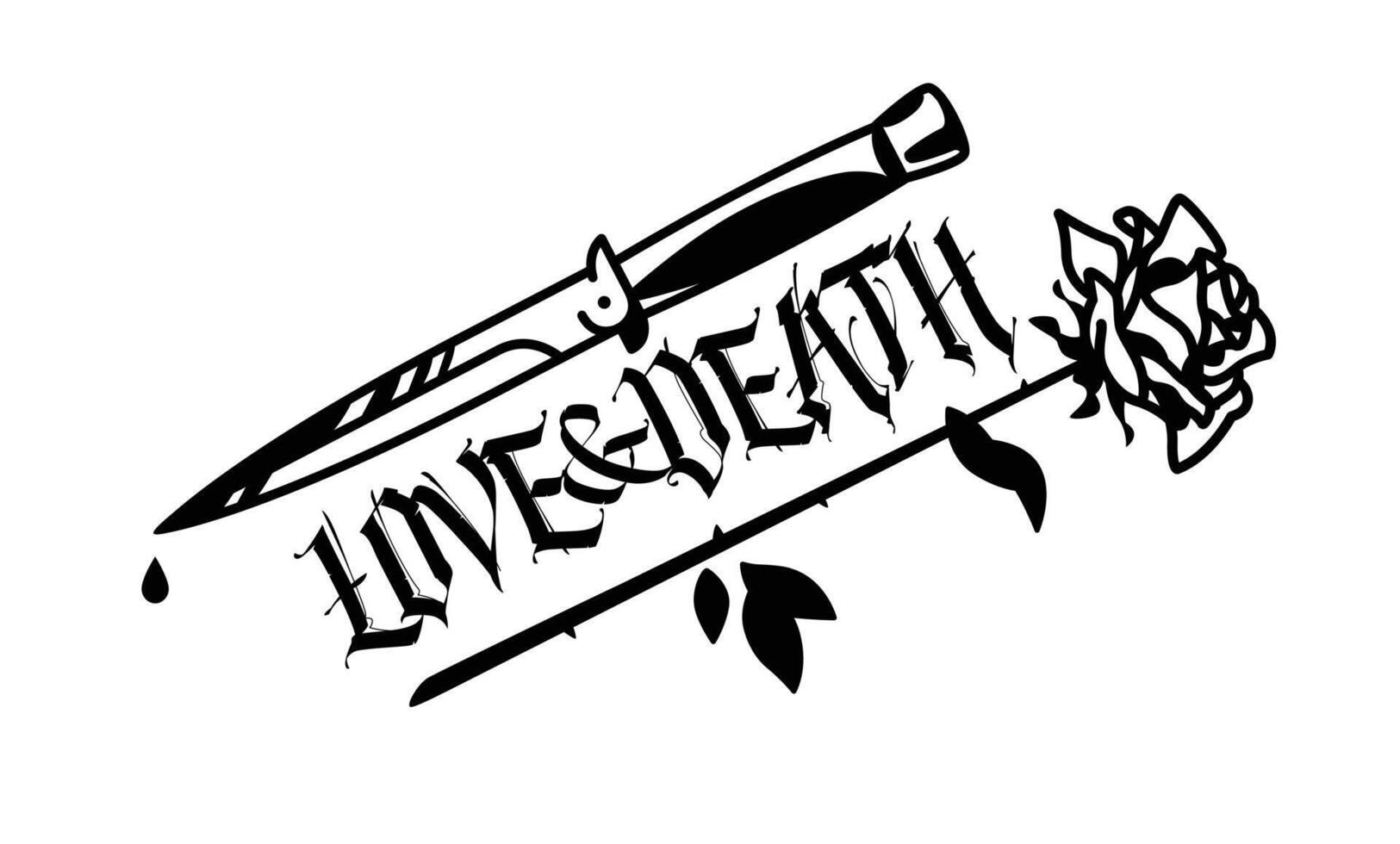 A tattoo featuring a knife and a rose. . The inscription Love and Death in the Gothic style. The style of the old American school. Image is isolated on white background. Contour drawing. vector