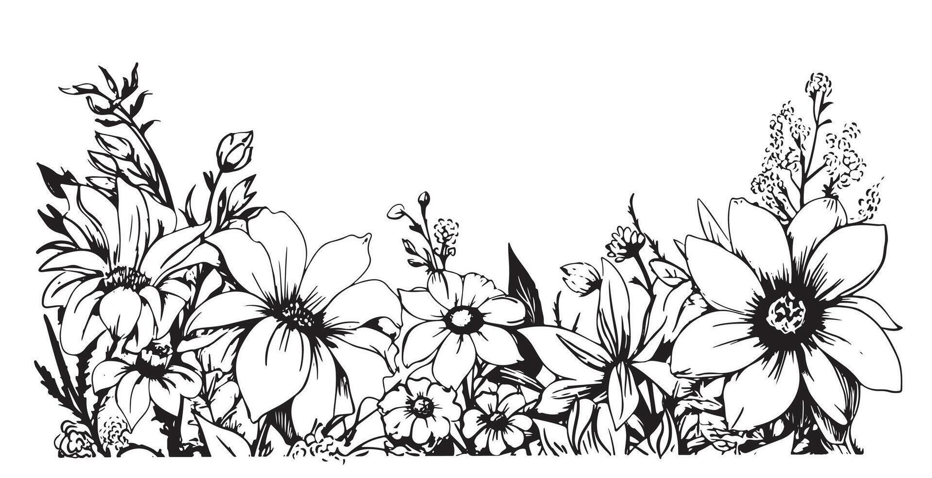 Wild flower field border hand drawn sketch vector