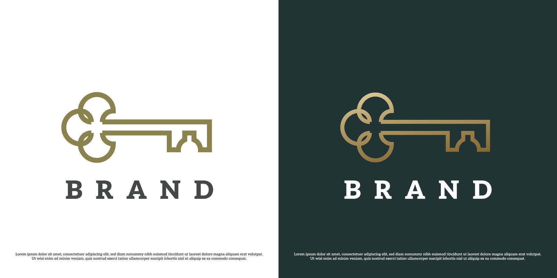 Key leaf logo design illustration. Silhouette line art linear leaf shape nature natural decorative creative gold accessories royal treasure. Simple minimal minimalist modern geometric abstract. vector