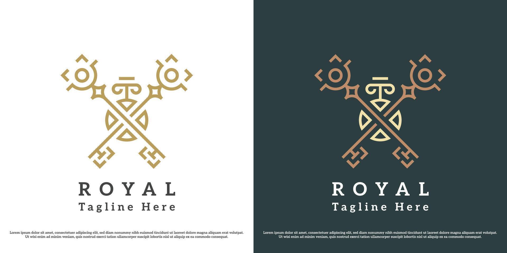 Royal key logo design illustration. Silhouette of the royal palace crest monarch royal classy treasure access key. Flat icon symbol simple minimal minimalist geometric elegant heraldic gothic object. vector