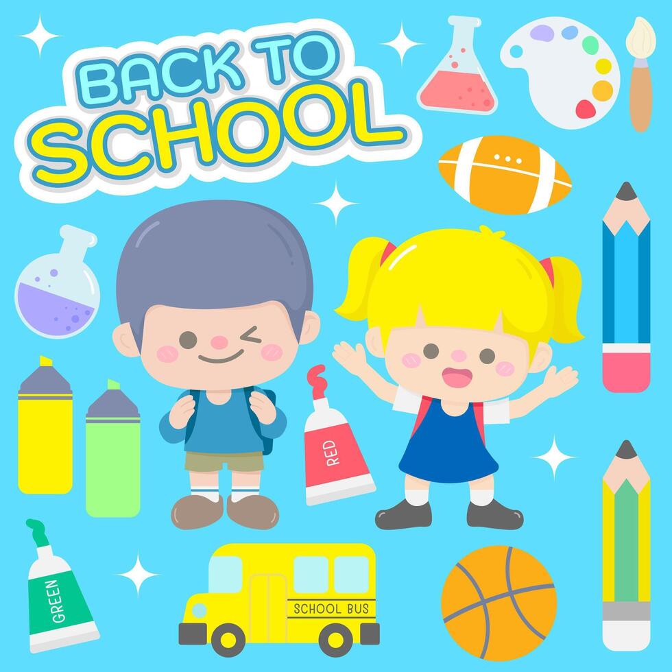 Cute boy and girl back to school in Children Style Cartoon illustration vector