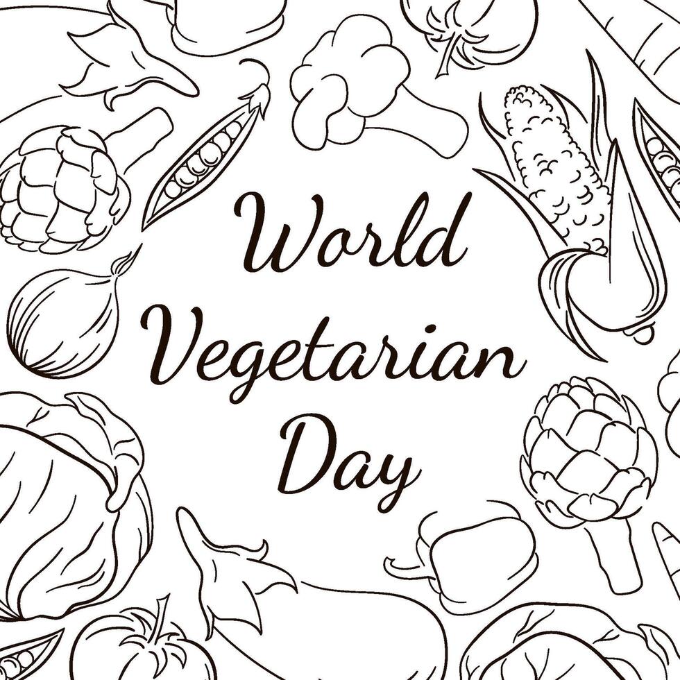 World Vegetarian Day frame in line art style. Vegetables round composition with natural healthy food. Hand drawn illustration. vector