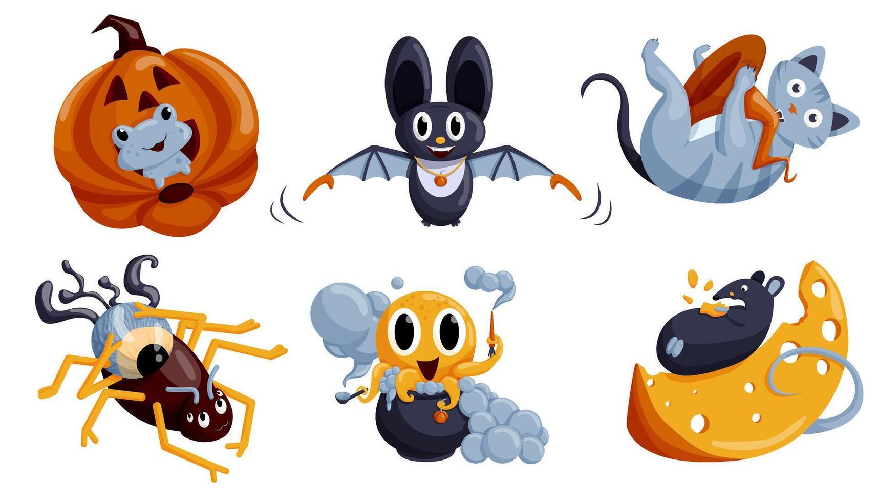 Cartoon set of Halloween characters. Bat, Spider, Frog in pumpkin, Octopus, Mouse on cheese, Cat with hat. illustration isolated on a white background. vector