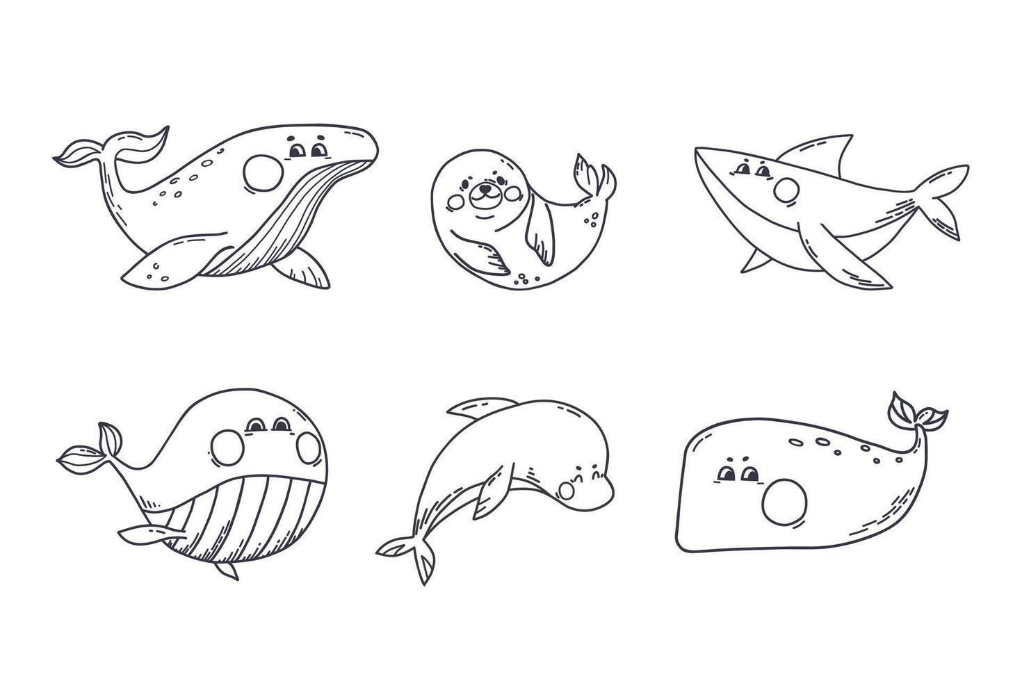Ocean aquatic animals set in doodle style. Underwater mammals different species whales, shark, seal, dolphin. Illustration on isolated background for stickers, coloring book vector