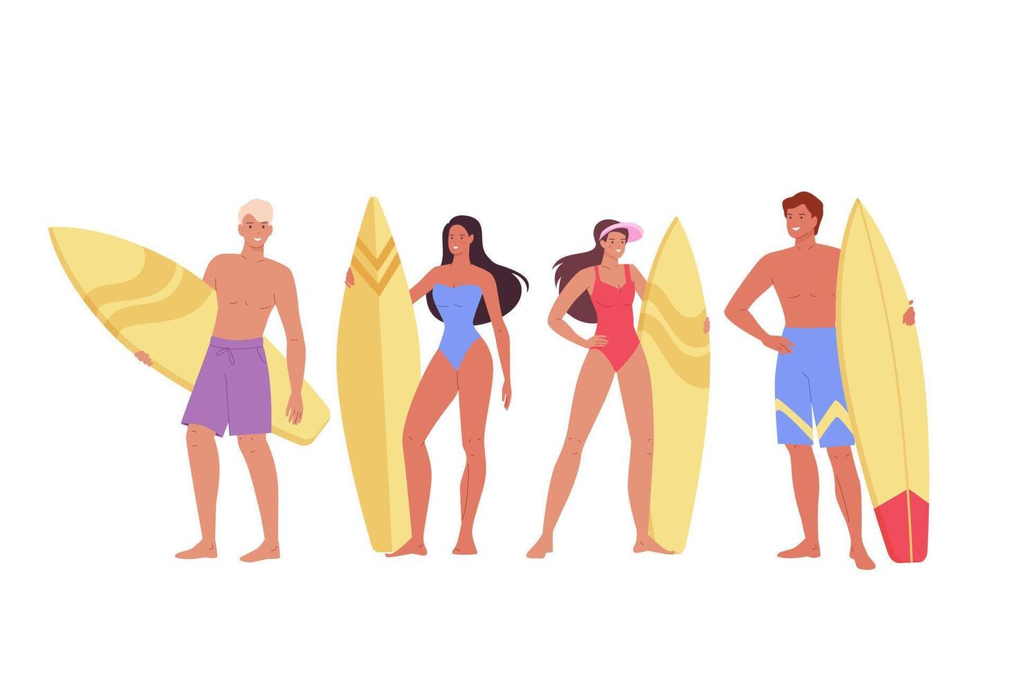 Group of happy young sports people in swimsuits standing on the beach with surfboards. Active female and male characters on summer recreation. Flat illustrations on white background vector