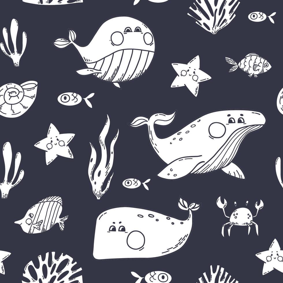 Seamless Pattern with whales, fishes and seaweed. Illustration on black background with ocean aquatic animals. Perfect for wallpaper, wrapping paper vector