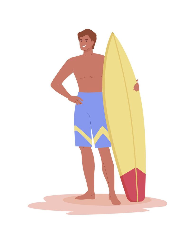 Young happy man standing on sand and holding surfboard. Active male character on summer recreation, sea leisure hobby. Flat illustrations on white background vector