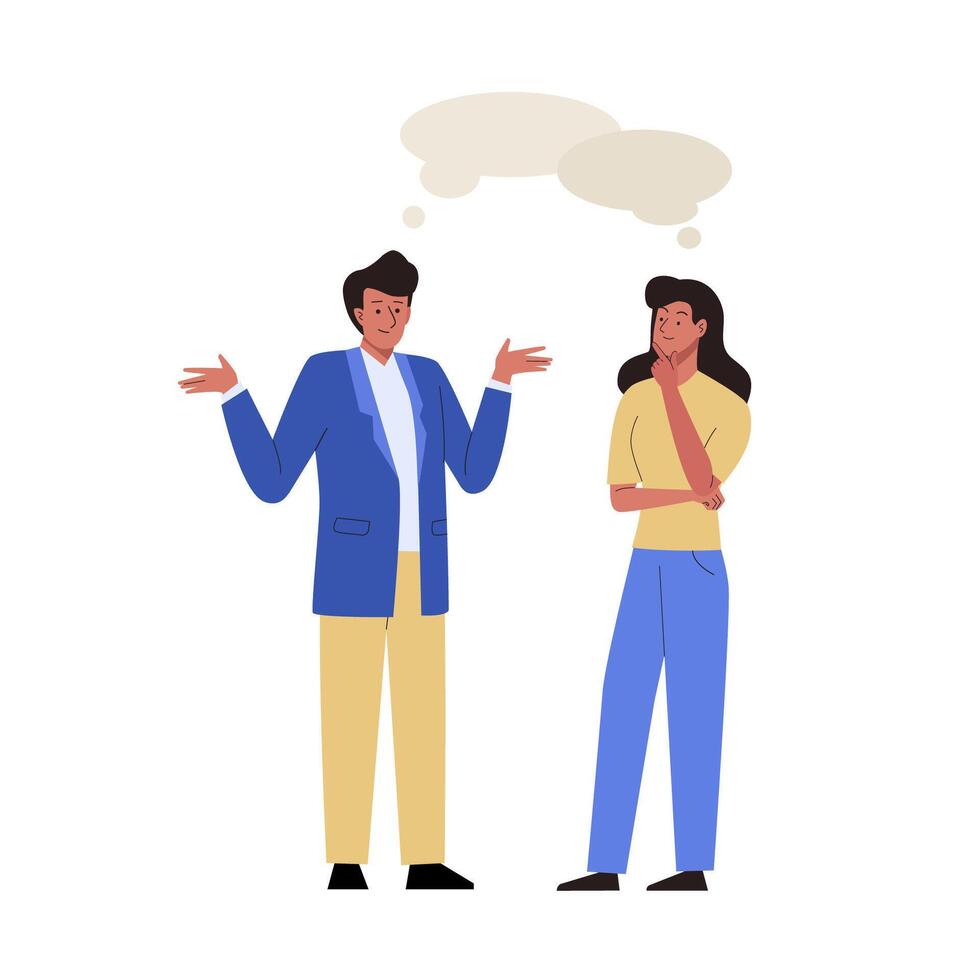 Business people meet and talk with each other with speech bubbles. Dialogues between male and female characters. Flat cartoon illustration vector
