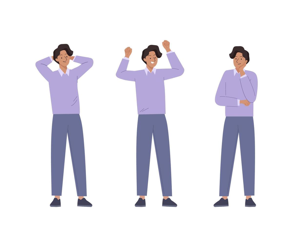 Young Man feel different positive emotions. Various male gestures and poses set. Successful work, happy, satisfaction. Flat illustration on white background vector