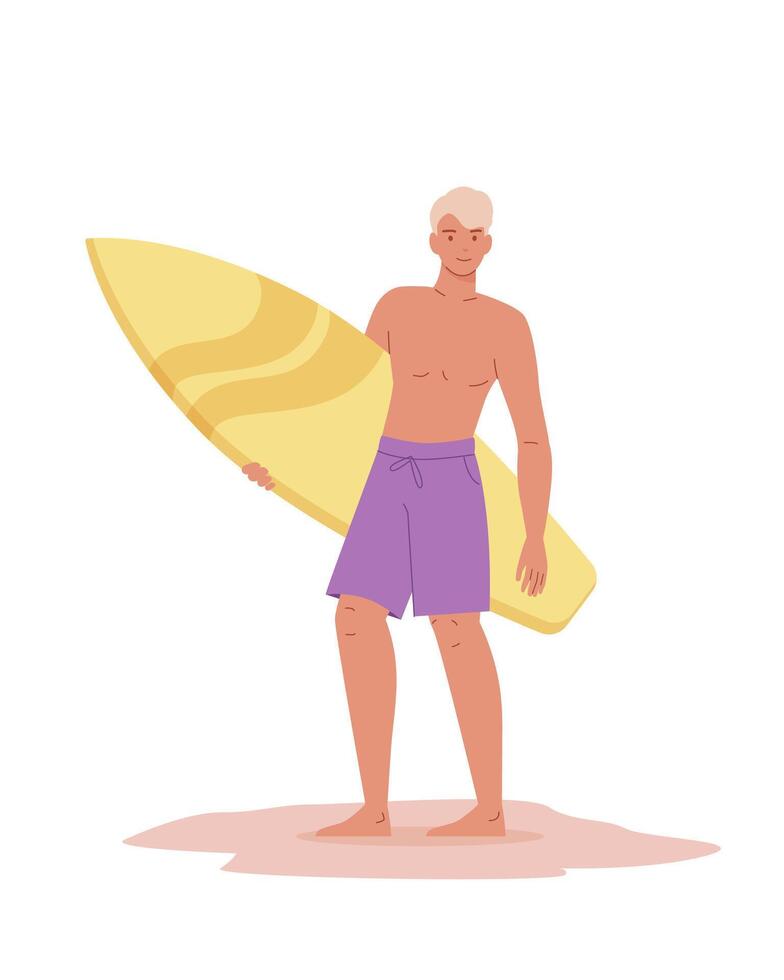Young happy man walking on sand and holding surfboard. Active male character on summer recreation, sea leisure hobby. Flat illustrations on white background vector