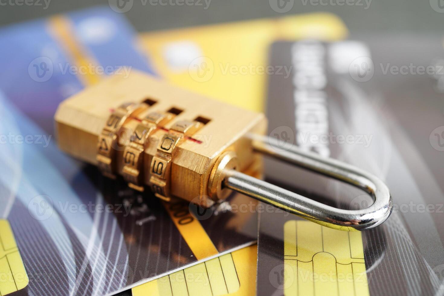 Credit card with password key lock, security finance business concept. photo