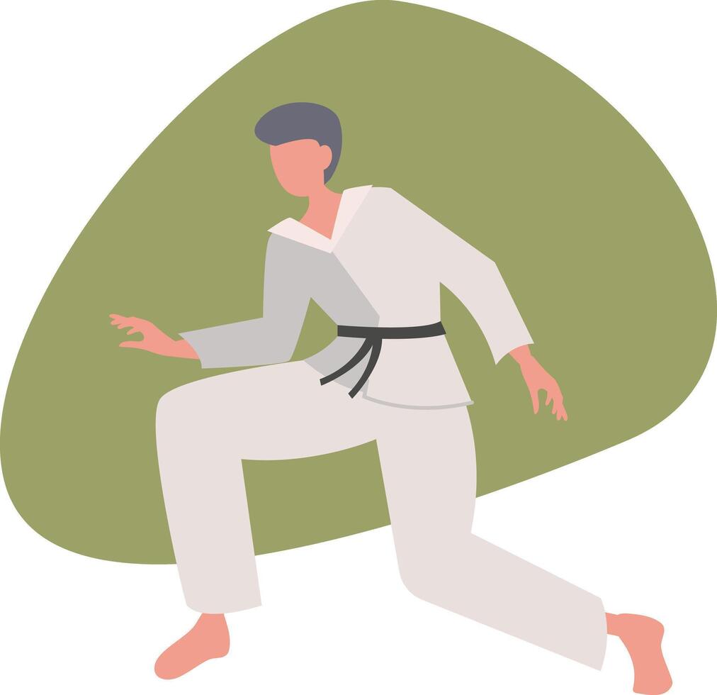 guy in kimono demonstrate hitting exercise raising leg practicing karate flat illustration. Male professional or amateur fighter enjoy martial art isolated on white. Man doing sports vector