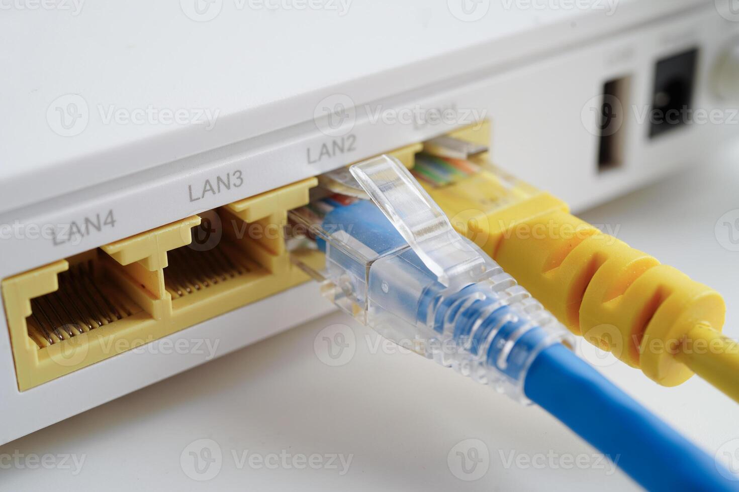Ethernet cable with wireless router connect to internet service provider network. photo