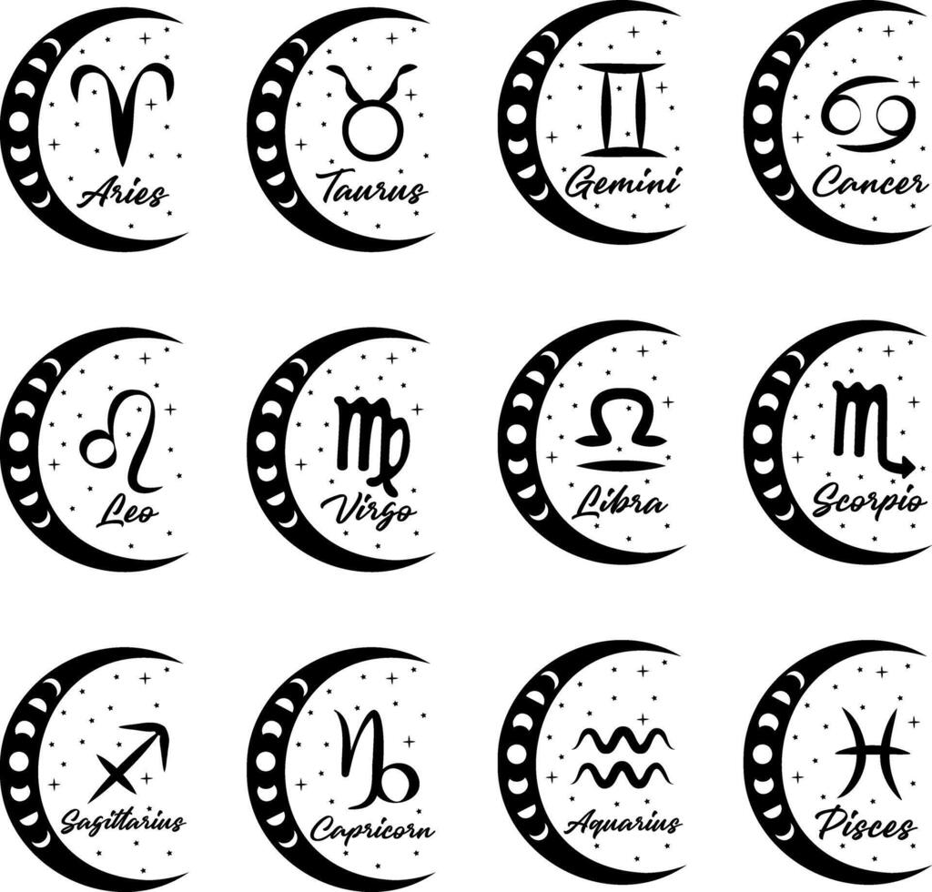 Set of 12 Zodiac Signs, Crescent Moon, and Stars with Mystical Celestial Themes. Perfect for Horoscopes and Astrology. illustration vector