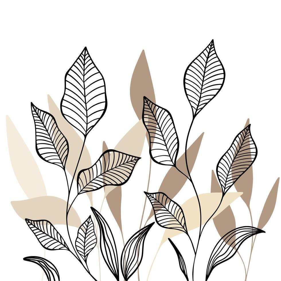 Trendy minimalist botanical illustration as abstract line art composition with beige leaves vector