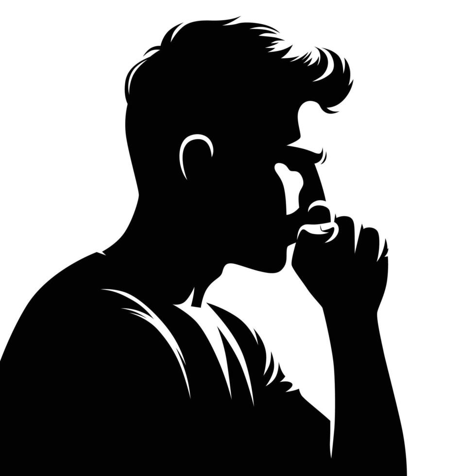 Black silhouette profile of a man coughing into his hand vector