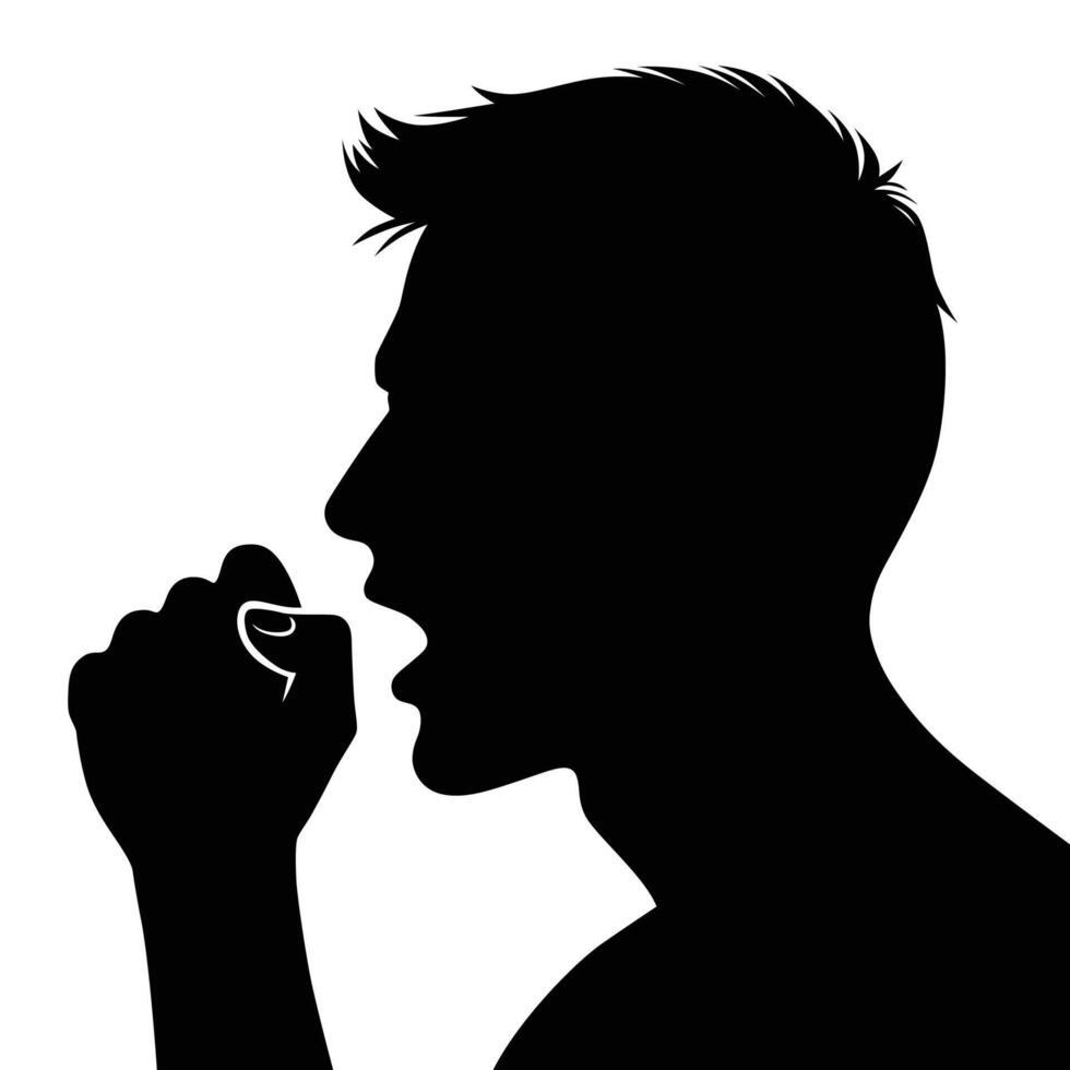 Black and white silhouette of a man covering his mouth while coughing vector