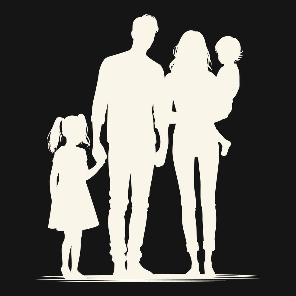 A black and white silhouette depicting a family, consisting of two adults and two children vector