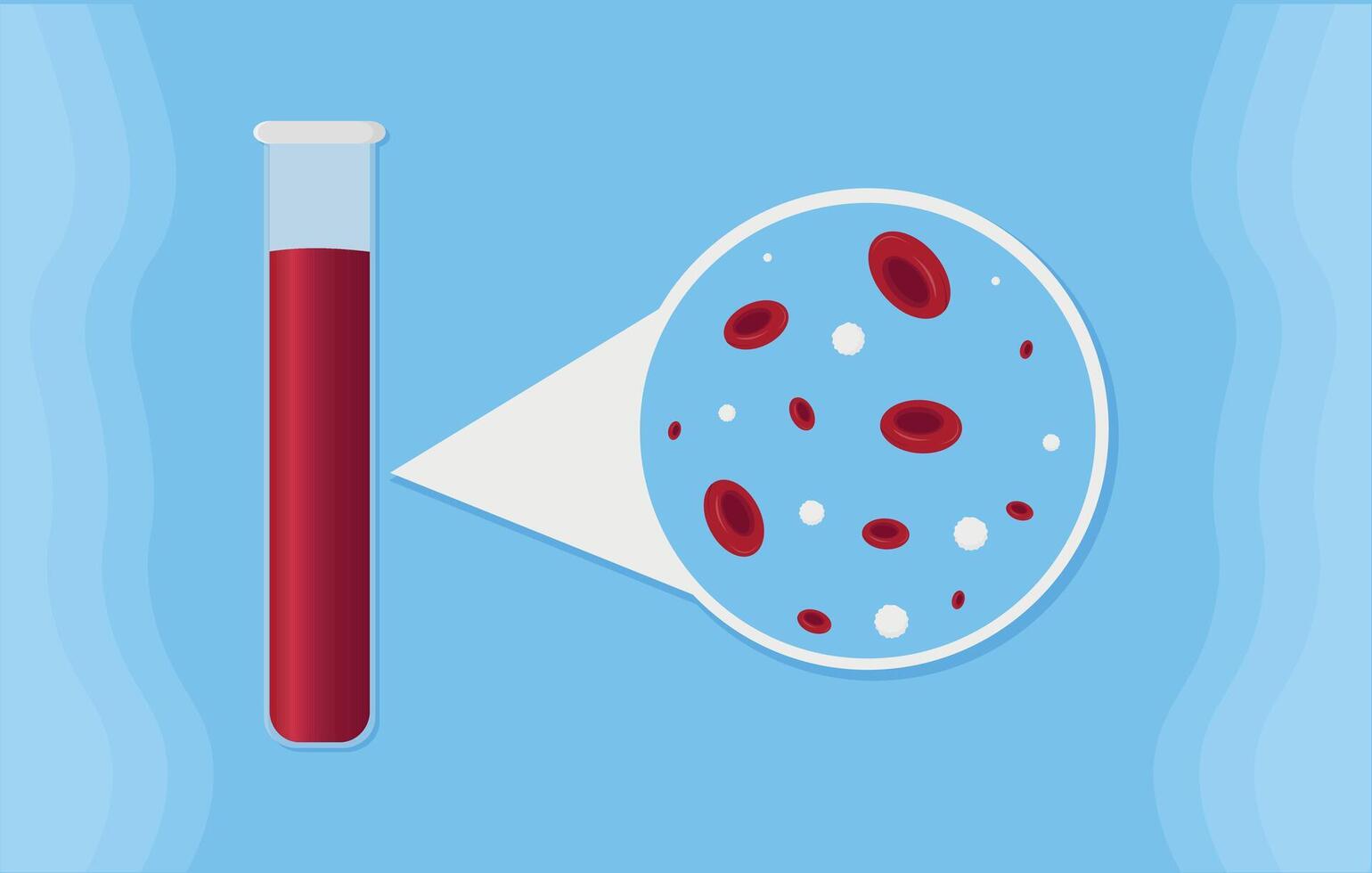 cells in a test tube. illustration of a magnifying glass with a blood. Blood test illustration. vector