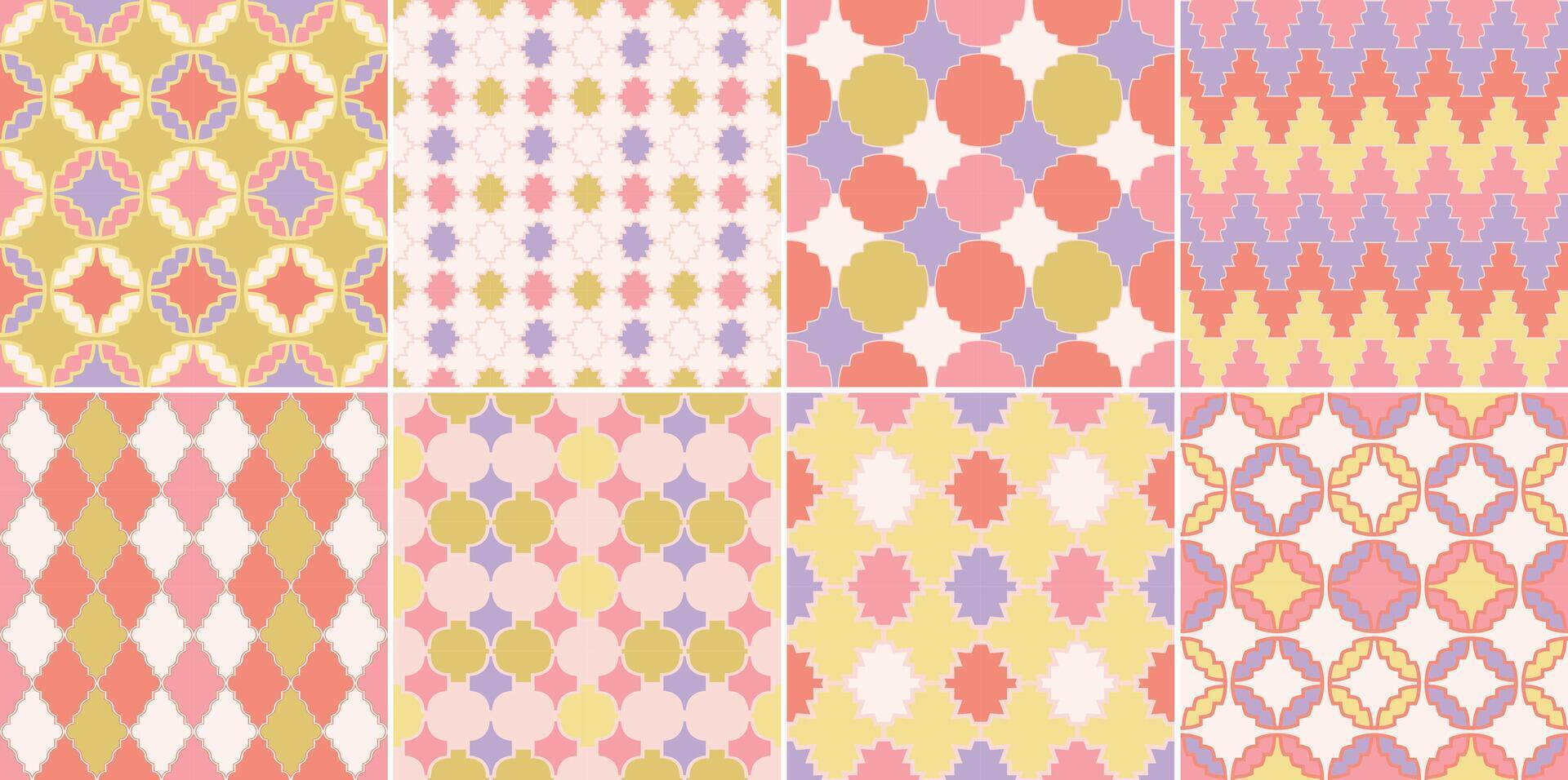 Collection of seamless colorful geometric ornament patterns. Bright festive backgrounds. Mosaic endless textures. Decorative symmetry prints vector
