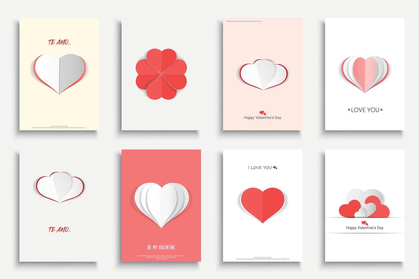 Collection of Valentines Day posters, brochures, invitations, banners, covers, flyers with origami hearts. 14th February creative romantic cute design. Beautiful paper greeting cards vector