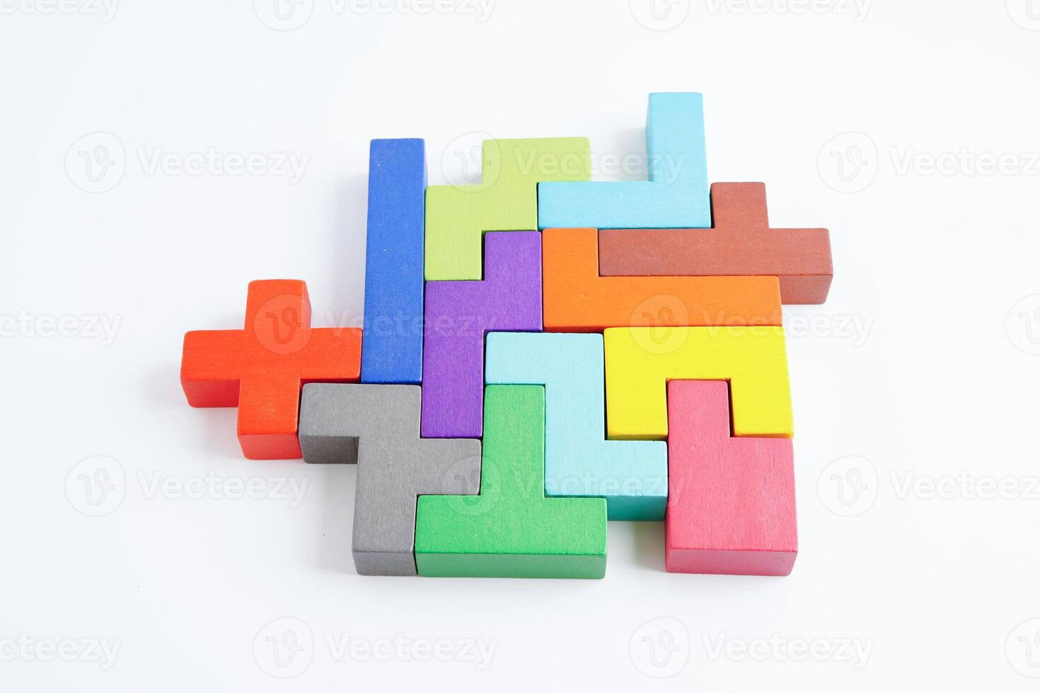 Logical thinking and problem solving problem solution creative business concept, wooden puzzle geometric block shape. photo