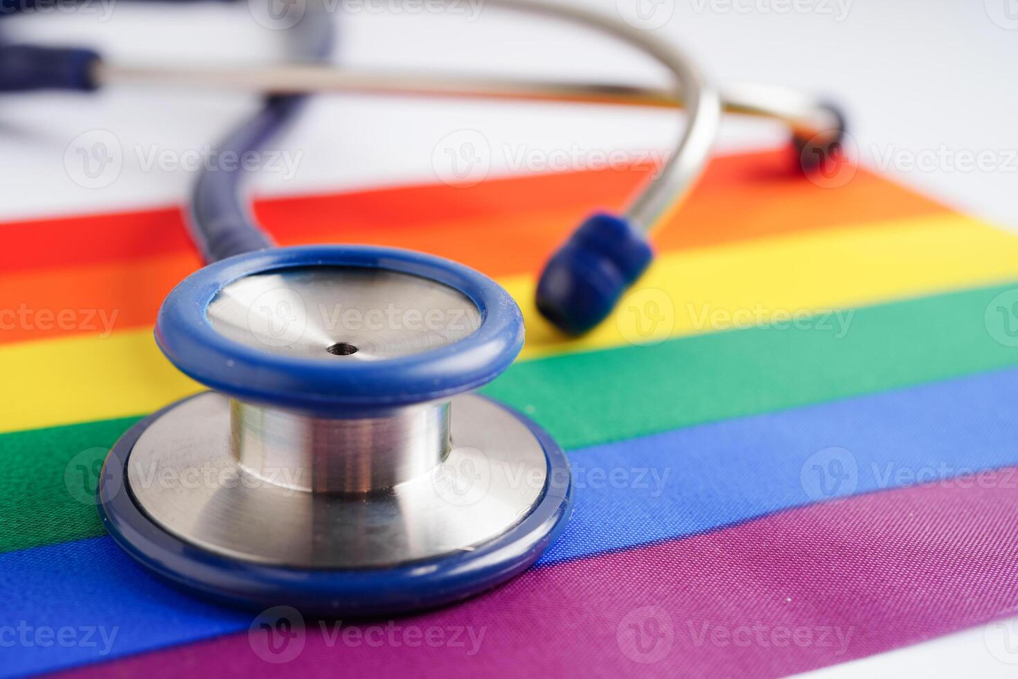 LGBT symbol, Stethoscope with rainbow ribbon, rights and gender equality, LGBT Pride Month in June. photo