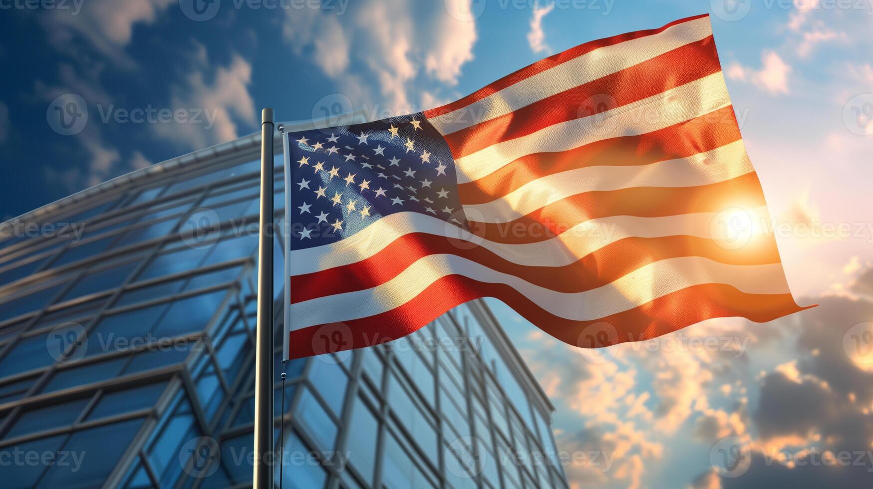 USA America national flag and government building with skyscrapers. photo
