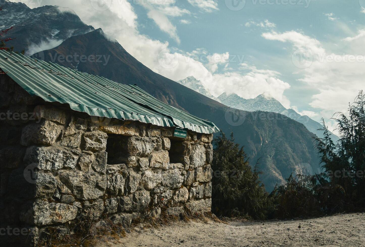 Waste collection point on EBC trekking route. Official waste management in Himalayas concept photo