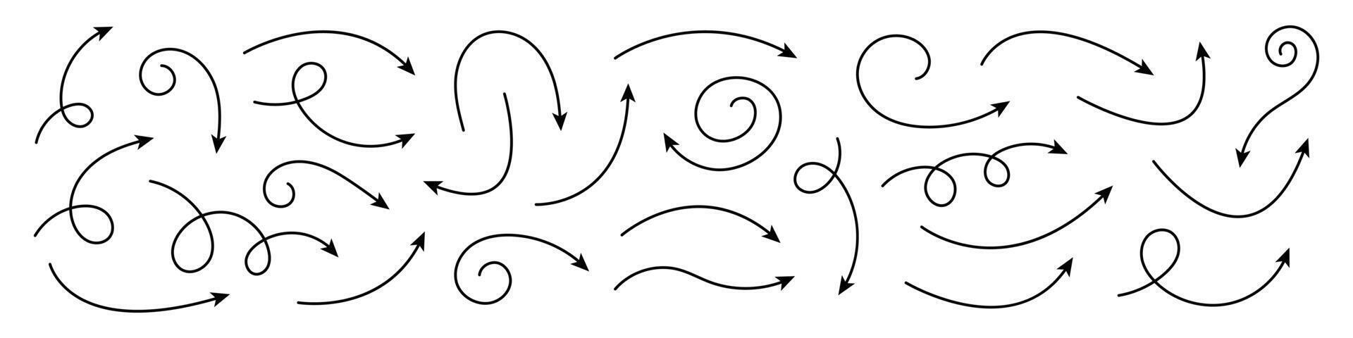 Collection of curved arrows. Set simple curved hand drawn arrows. Collection of pointers. vector