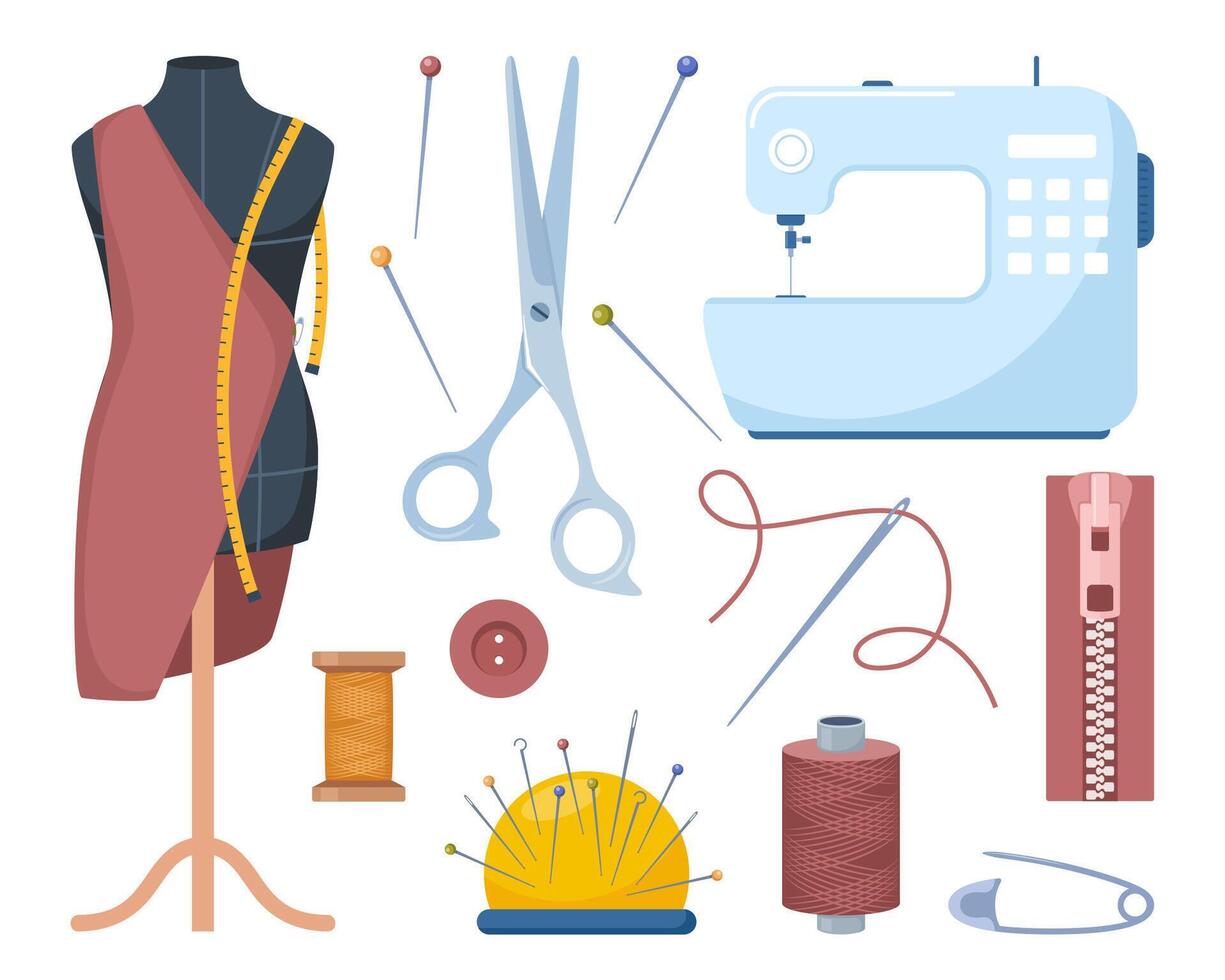 Tailors accessories, supplies and equipment to sew cloth. Dressmaking collection with thread rolls, button, needles, zipper, sewing machine, mannequin, scissors, iron. Tailoring studio. vector