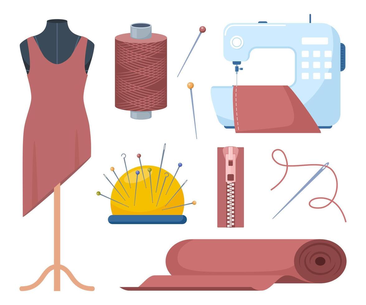 Tailors accessories, supplies and equipment to sew cloth. Dressmaking collection with thread rolls, button, needles, zipper, sewing machine, mannequin, scissors, iron. Tailoring studio. vector