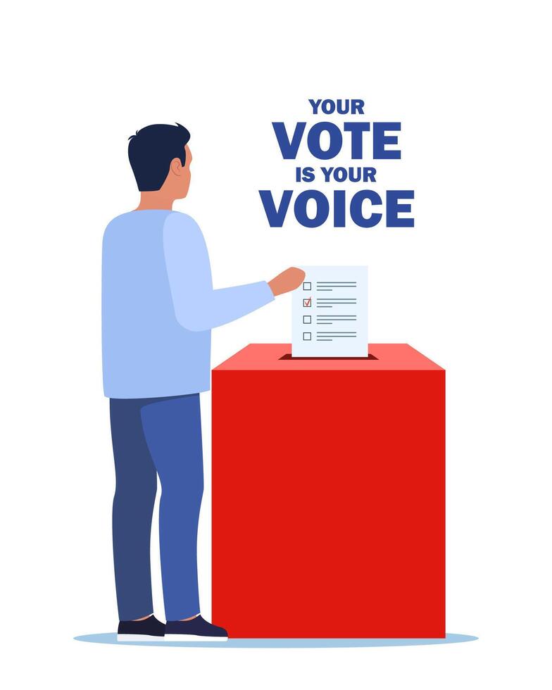 Man putting vote paper into Election Box. Vote is your voice. Illustration. vector
