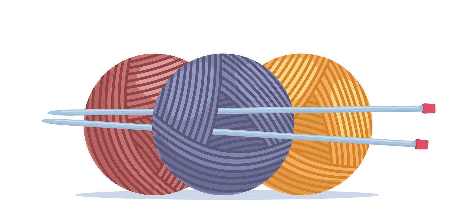 Balls of yarn with knitting needles. Clews, skeins of wool. Tools for knitwork, handicraft, crocheting, hand-knitting. Female hobby. . vector