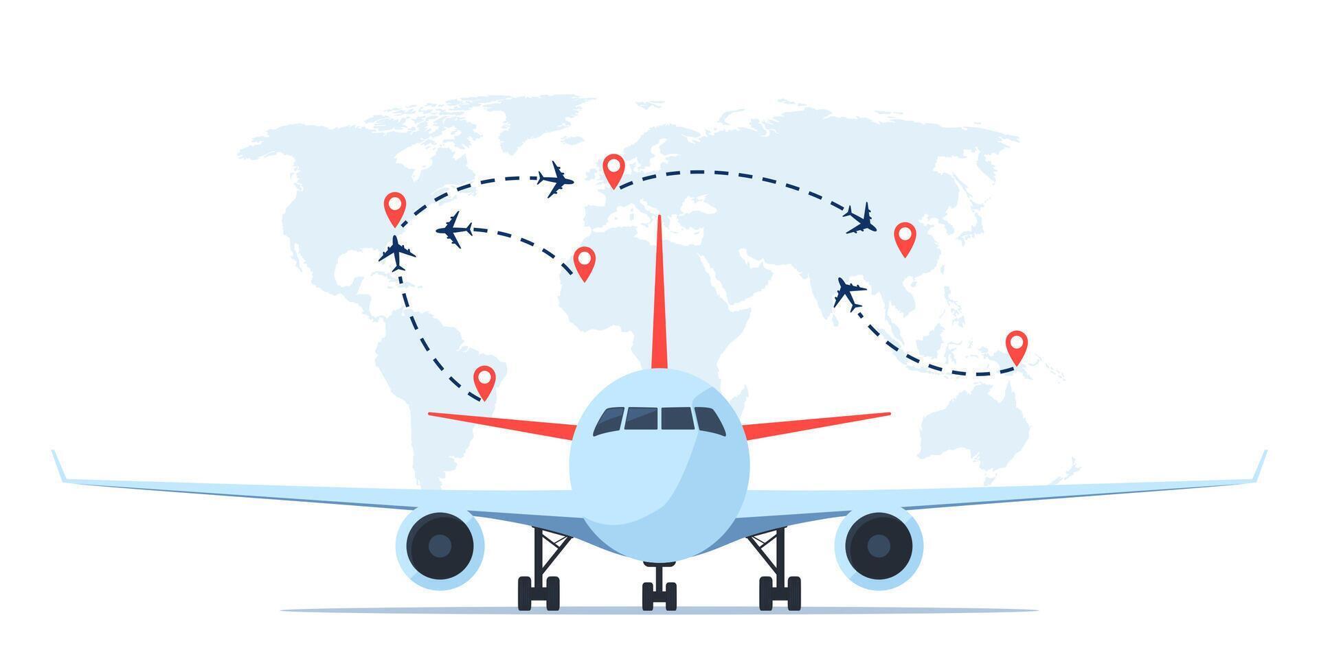 Aircraft in front view, world map with flight routes and pins marker. Time to travel concept. Traveling by plane. International flight. illustration for poster, banner. vector