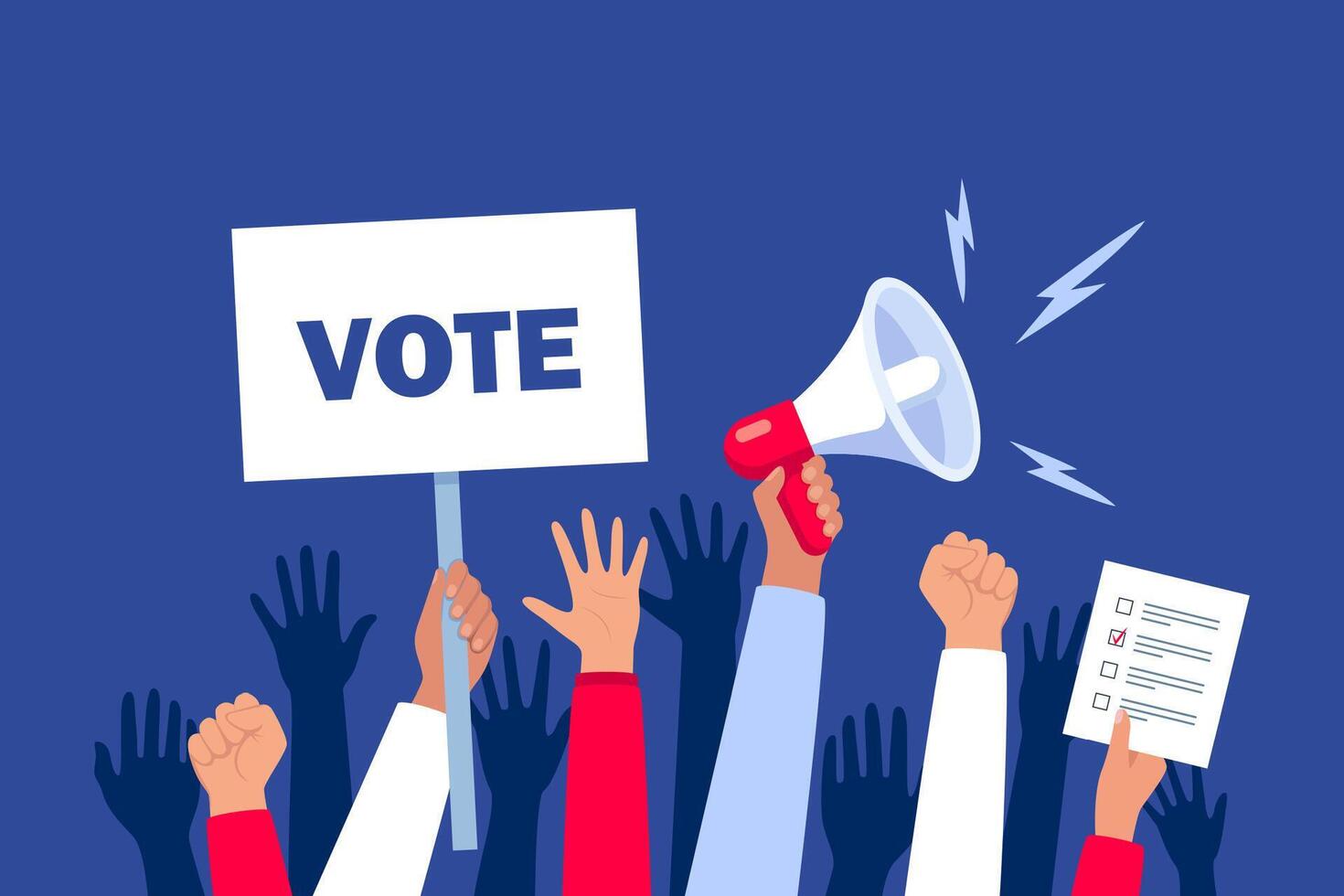 Go vote demonstration. Isolated up hands holding together. Election campaign. Hands holding vote signs, crowd of people. illustration. vector