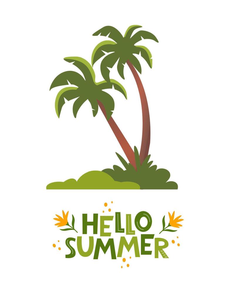 Hello Summer poster with palms. Tropic Summer fun vacation and travel. Tropical poster, palm exotic island. vector