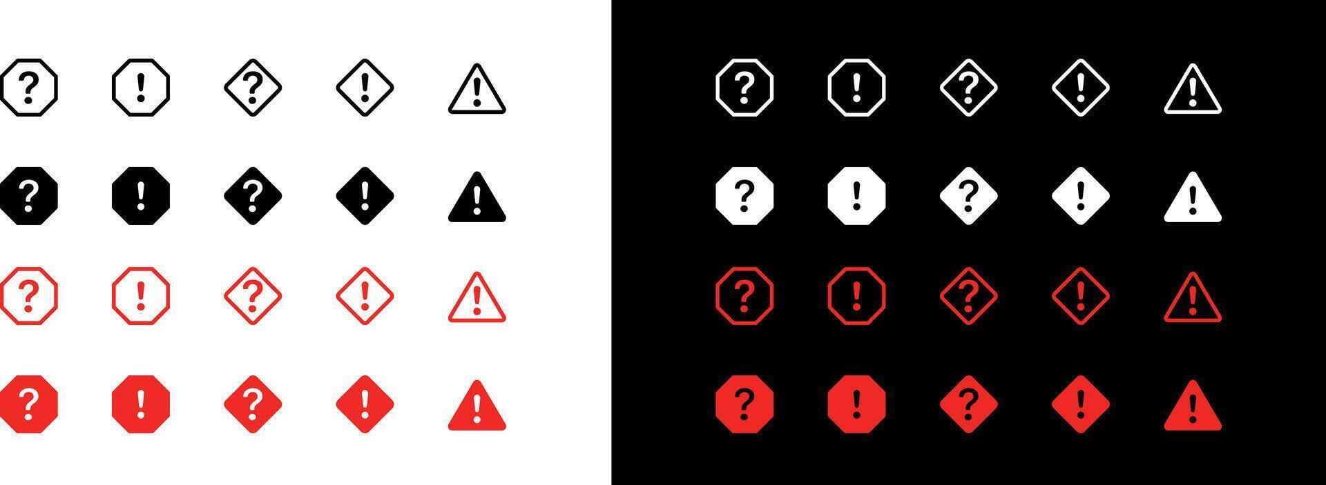 Warning icons outline set Notification, hexagon alert, danger, Security and protection. Attention danger sign Caution error Exclamation mark, Question Mark, Safety Notice Icon in black and white vector