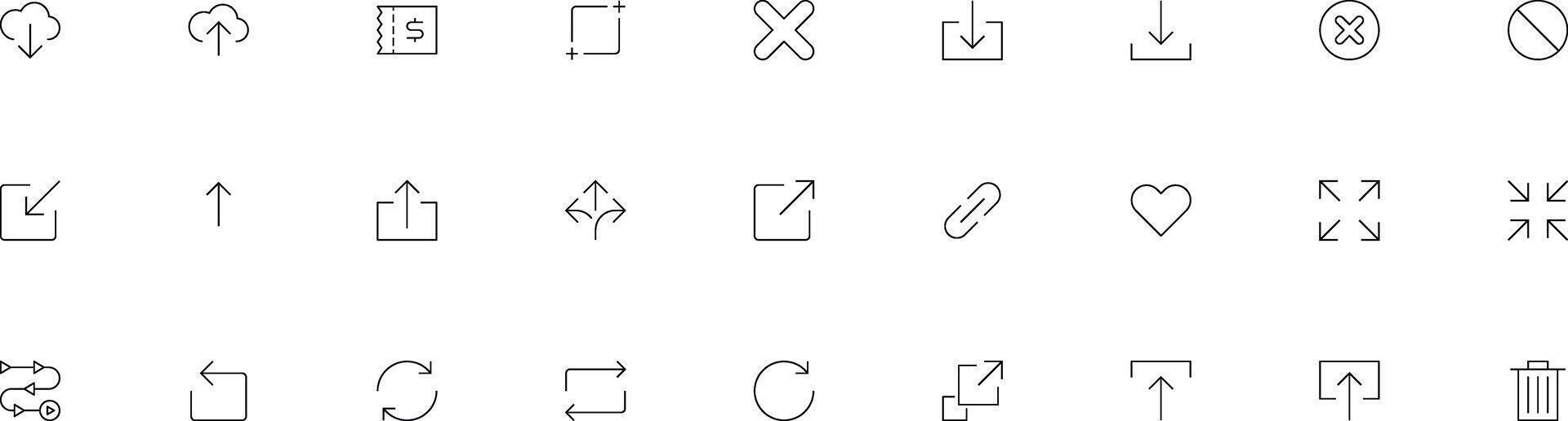 System User Interface Icon Set. High Quality Minimal Lined Icons for All Purposes. UI collection with cross loop heart delete arrow stop cloud insert link share upload technology icons IoT vector