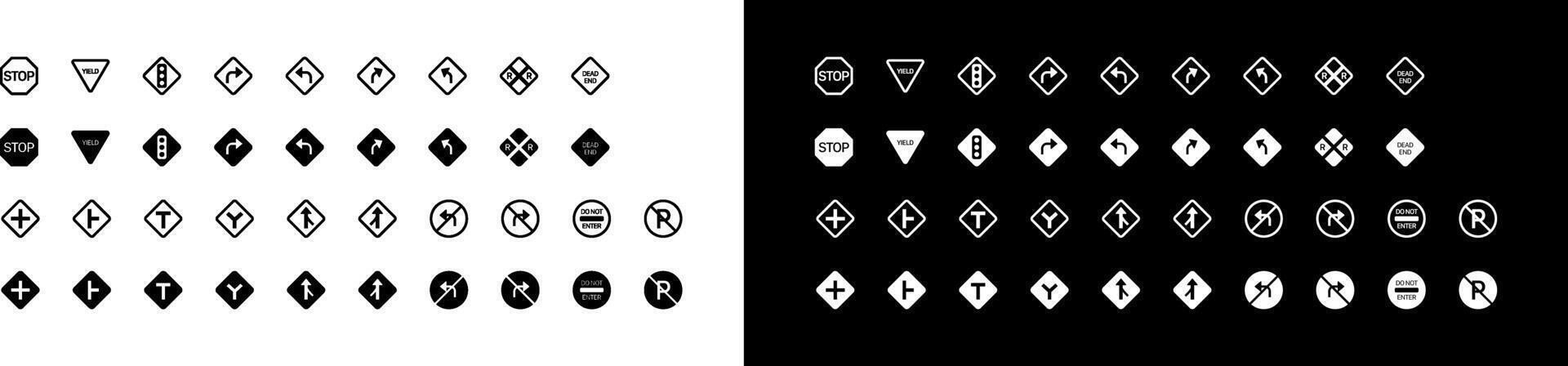 Traffic signs icon set design. Warning Symbol Sign Isolate on White and black Background. Mandatory, prohibition no parking stop turn left right roundabout information t vector