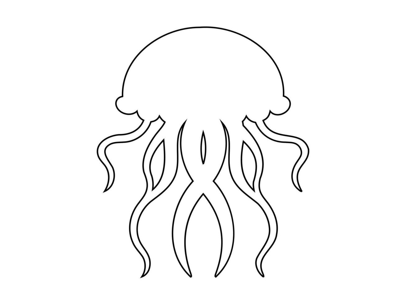 Black outline of Jellyfish with flowing tentacles. Isolated on white background. Oceanic medusa. Concept of ocean animal, sea creature. Graphic art. Print, icon, design element, coloring page vector
