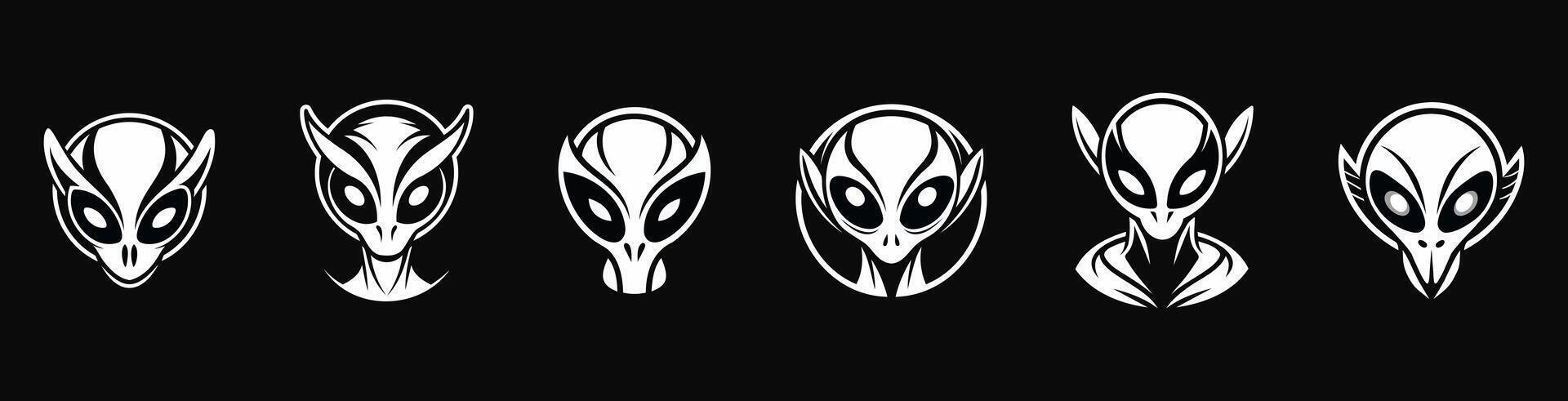 Set of white silhouettes of alien heads isolated on black background. Humanoids. Concepts include extraterrestrial life, sci-fi design, space beings. Icons, prints, pictograms, logos, design elements vector