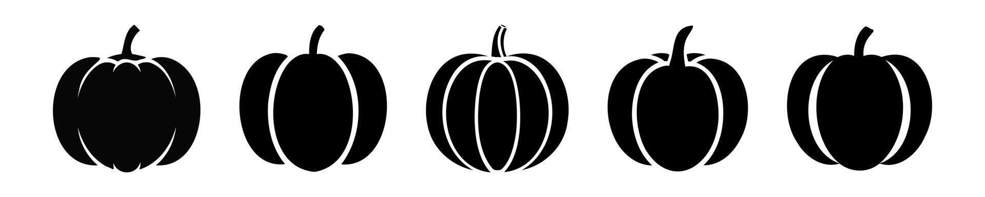 Set of Black pumpkin silhouettes isolated on white background. Icon, logo, sign, pictogram. Concept of minimalist Halloween decor, seasonal graphic design, farming, harvest. Design elements vector