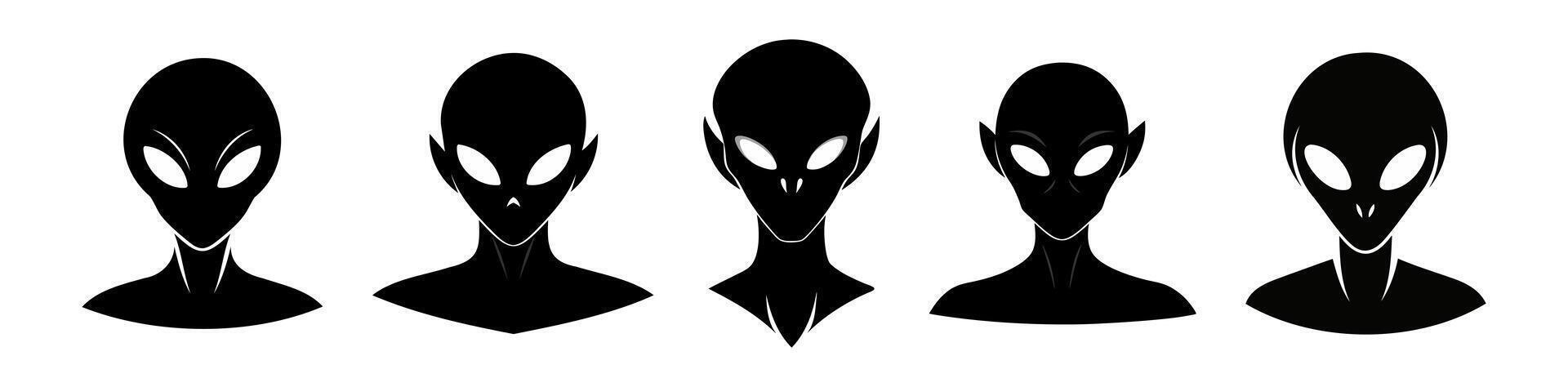 Set of Black silhouettes of alien heads isolated on white background. Humanoids. Concept of extraterrestrial, sci-fi design, space being. Graphic art. Icon, print, pictogram, logo, design element vector