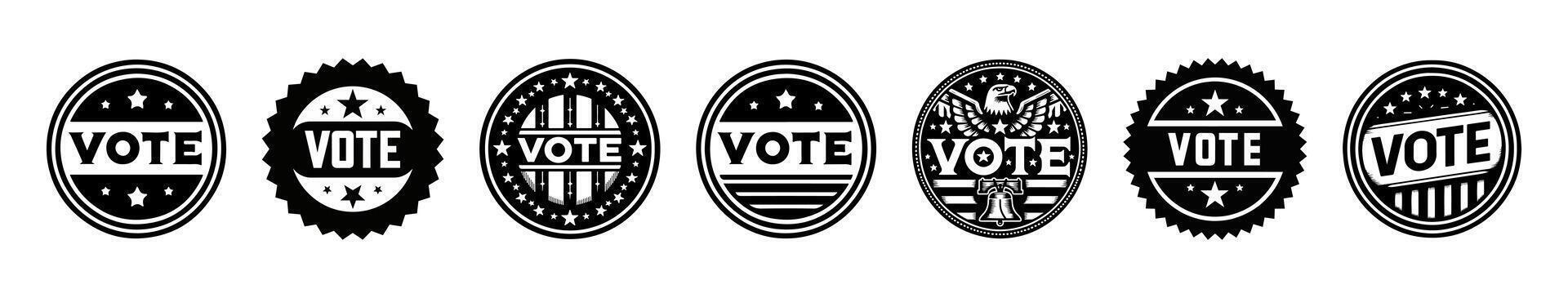Set of VOTE emblems in circular badge designs. Graphic icons symbolizing democracy, elections, civic duty, and political engagement. Suitable for badges, stickers, voting campaigns, and prints vector