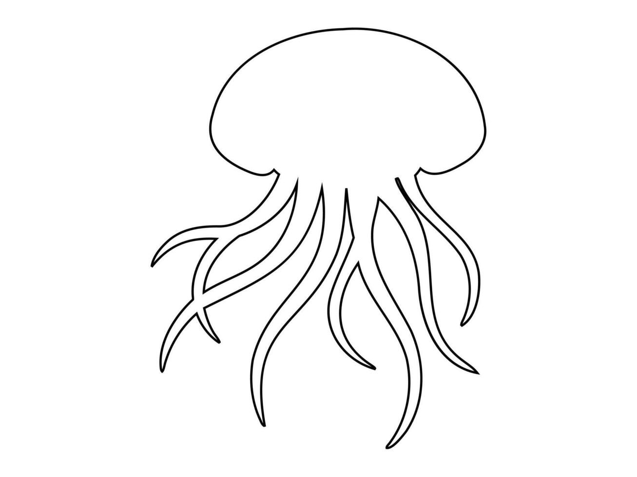 Black outline of Jellyfish with flowing tentacles. Isolated on white background. Oceanic medusa. Concept of ocean animal, sea creature. Graphic art. Print, icon, design element, coloring page vector