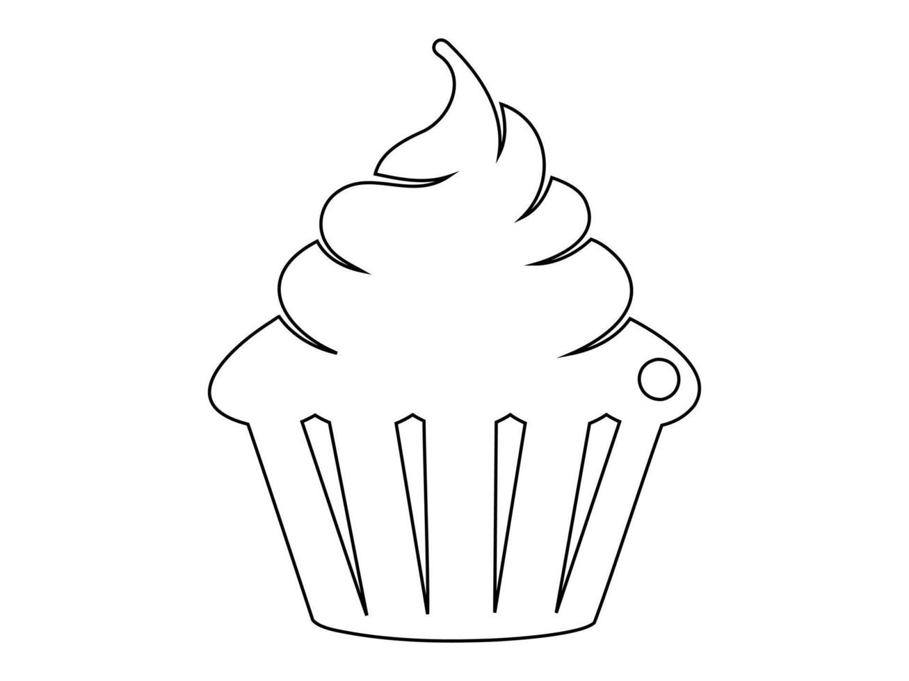 Black outline of cupcake isolated on white backdrop. Minimalist graphic illustration. Concept of dessert, baking, sweet food. Icon, pictogram, template, sign, logotype, print, design element vector