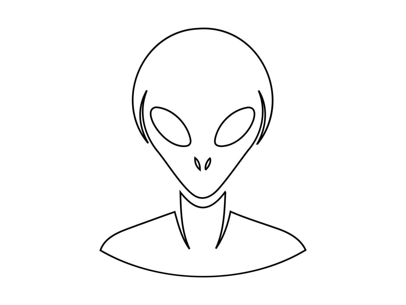 Black outline of alien head isolated on white background. Humanoid. Concept of extraterrestrial, sci-fi design, space being. Graphic illustration. Icon, print, design element, coloring page vector