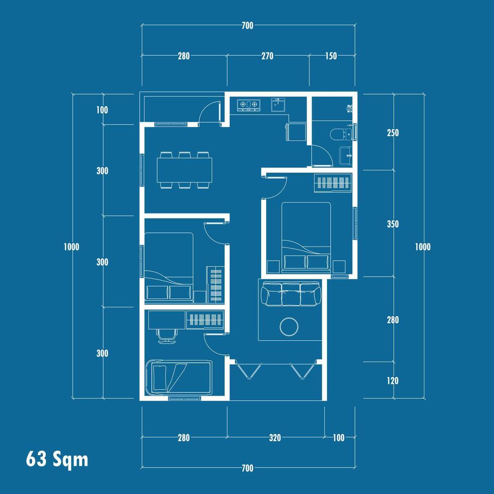 Floor plan blueprint type 63 sqm, Figure of the jotting sketch of the construction and the industrial skeleton of the structure and dimensions. eps 10 vector