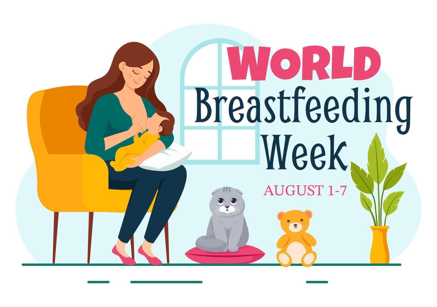 World Breastfeeding Week Illustration, Depiction of Baby Feeding with Mother's Milk in Flat Style Cartoon Background Design vector